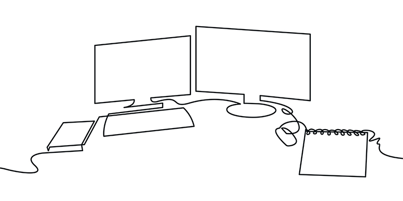Black and white digital line drawing of an office desktop with a computer, keyboard, mouse, monitors, and notebooks.