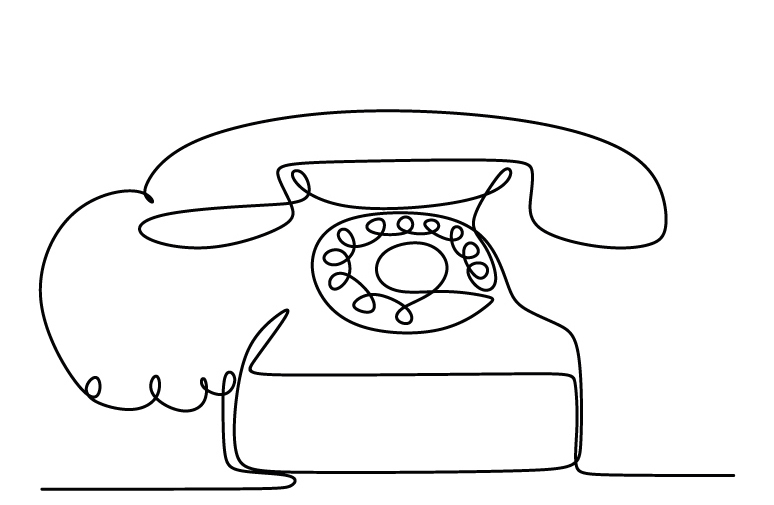 Black and white digital line drawing of a rotary dial telephone with a curly cable.