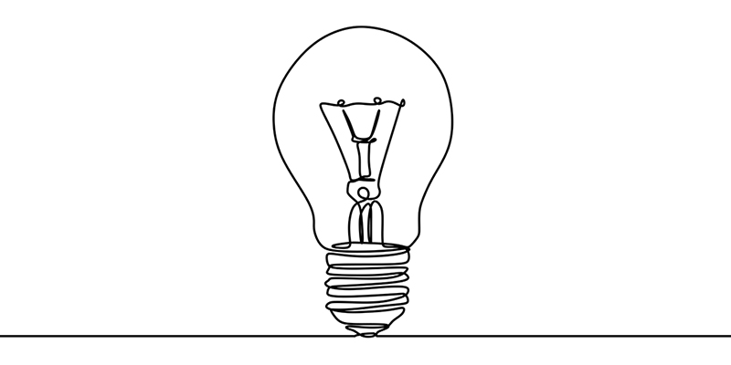 Black and white digital line drawing of a light bulb.