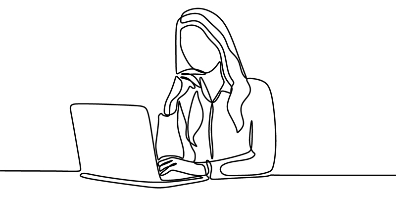 Black and white digital line drawing of a woman sat at a desk working on a laptop computer.
